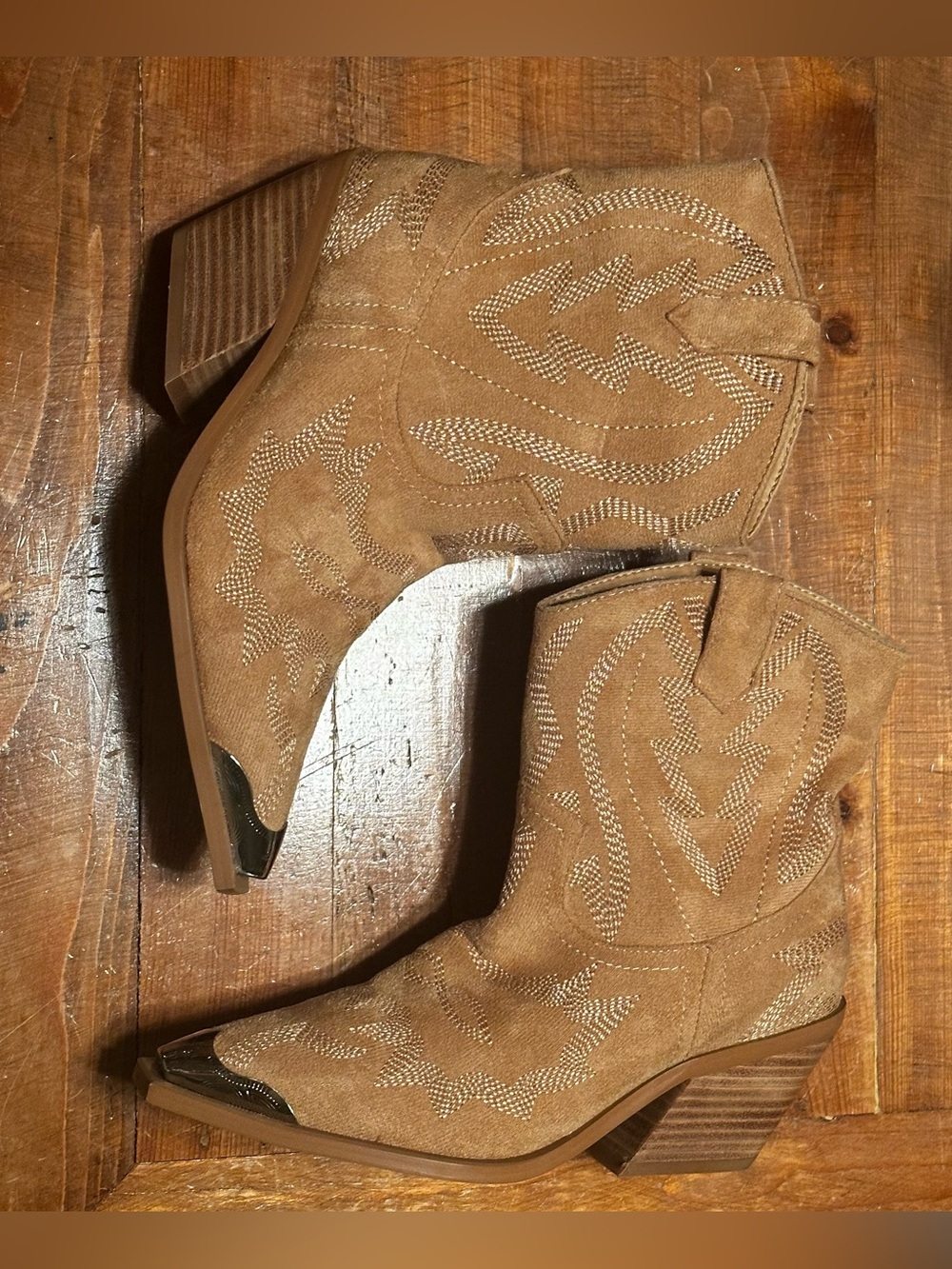 Billini Tan Suede Western Booties with Metallic Toe
